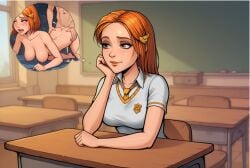 ai_generated arm_on_table arm_resting belly_bottom breast brown_eyes brown_eyes_female chairs chalkboard classroom clothed_female cum cum_dripping cum_on_floor cumshot daydream desk doggy_style doggystyle_pose doggystyle_position ginny_weasley hair_pin hand_on_cheek hanging_breasts harry_potter innocent_witches nude nude_female nude_male open_mouth penetration red_hair red_hair_female red_pill_neo school_emblem school_uniform schoolgirl_uniform shirt stomach tie white_shirt window