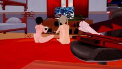 2girls 3d black_hair black_hair_female blazblue:_cross_tag_battle crescent_rose crossover dialogue eastern_and_western_character female female_only game game_controller littlered-rose maka_albarn nude_female playing_videogame red_highlights ruby_rose rwby sandy_blonde_hair soul_eater soul_eater_evans video_game_background video_game_controller