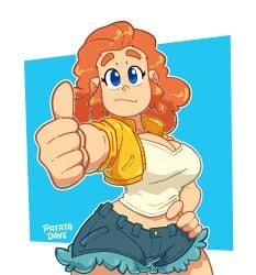 1girls 2025 alternate_breast_size alternate_version_available anime_style approval ashamed big_breasts big_nipples blue_eyes blue_shorts breasts breasts_bigger_than_head character_name cleavage cleavage_cutout closed_mouth curvy_female dynamic_pose energetic_expression female front_view gradient_background hand_on_hip hips_wider_than_shoulders jean_shorts keyla_(patatadave) long_hair looking_to_the_side midriff new_design no_penetration oc orange_hair orange_jacket orange_shoes original_character patata_dave presenting presenting_breasts redesign sfw shame short_shorts sleeveless_top smiling solo sporty_outfit teal_shorts thick_legs thick_thighs variant_set victory_pose voluminous_hair wavy_hair wide_hips yellow_jacket