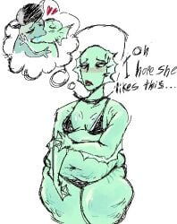 1girls belly bikini bride_of_frankenstein cascadedrawz chubby chubby_female creature_commandos dc dc_comics dcu fantasizing female female_only green_body green_skin kissing meme nina_mazursky overweight phantomarcade_kiss the_bride_(creature_commandos) thick_thighs thought_bubble wide_hips yoshi_and_toad_kissing