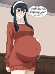anime anime_girl black_hair black_hair_female blushing blushing_female milf pregnant pregnant_belly pregnant_female pregnant_milf red_dress red_eyes red_eyes_female spy_x_family talking talking_to_offscreen yor_briar yor_forger