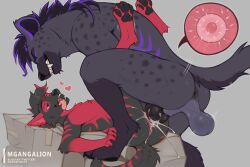 aardwolf andromorph andromorph_(lore) animal_genitalia animal_penis anthro anthro_penetrated anthro_penetrating anus backsack balls bared_teeth black_sclera bodily_fluids canine_genitalia canine_penis closed_eyes cum cum_inside dakota_deforrest_(kyledere11) duo erection fur genital_fluids genitals hair half-closed_eyes heart_symbol hyena intersex intersex/male knot leg_grab lying male male_penetrating mammal marflebark mgangalion narrowed_eyes nude on_back on_surface penetration penis sex simple_background size_difference snarling spotted_hyena stripes tail tongue tongue_out vaginal_penetration vulva