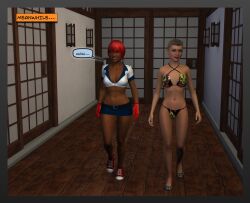 2girls 3d 3d_(artwork) 3d_comic abs absurd_res admiring bare_shoulders beautiful_girls belted_skirt beltskirt bikini blue_miniskirt blue_skirt cleavage collarbone comic_page dark_skinned_female denim_skirt happy_female happy_females highres large_tits marcella_(ropeman1) miniskirt oblivious red_gloves red_hair red_hair_female red_lipstick ropeman1 scarlett_(ropeman1) short_hair short_skirt skirt smiling_female source_request speech_bubble super_heroine superheroine superheroines thong_bikini tomboy victory_celebration walking