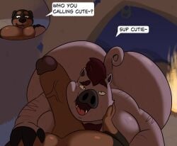 2026 anthro big_butt big_penis brown_body brown_ears brown_fur brown_hair brown_nose brown_tail butt campfire canid canine canis close-up colossalstars curled_tail dialogue digital_media_(artwork) domestic_dog domestic_pig duo english_text eye_contact eyebrows fire first_person_view flirting front_view fur genitals green_eyes hair half-closed_eyes hand_on_chest hand_on_face hi_res huge_butt inside looking_at_another male male/male mammal moobs multicolored_body multicolored_fur muscular muscular_anthro muscular_male narrowed_eyes nude obese obese_anthro obese_male overweight overweight_anthro overweight_male penis penis_on_face pig purple_eyes question_mark raised_eyebrow smile speech_bubble suid suine superchub sus_(pig) tail text thick_thighs tongue tusks two_tone_body two_tone_fur vein veiny_penis