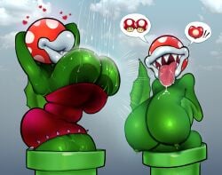 2girls about_to_burst armpits barely_contained dress dripping drooling green_nipples green_skin huge_breasts hyper hyper_breasts ineffective_clothing lactation lips mario_(series) nipple_slip open_mouth pictographics piranha_plant plant plant_girl plant_humanoid red_dress self_upload simple_background thebonezonedeluxe tongue tongue_out tube_dress water wet wet_body wet_breasts white_lips