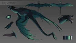 16:9 3_toes animal_genitalia artist_name black_body black_claws black_horn black_scales black_spikes character_name claws countershading dorsal_frill dragon european_mythology feet feral frill_(anatomy) full-length_portrait genital_slit genitals gradient_background green_body green_eyes green_scales green_wings grey_background hi_res high-angle_view horn jadedragoness long_tail male model_sheet multicolored_body mythological_creature mythological_scalie mythology no_sclera open_mouth penile_spines penis portrait scales scalie side_view simple_background solo tail tail_frill tailbutt teeth text toes tongue torvandr two_tone_body western_dragon widescreen wings wyvern