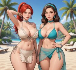 2girls ai_assisted ai_generated armpit_crease armpits bangle beach beach_umbrella belly_button bikini bikini_visible_through_clothes blue_clothing bracelet brown_eyes brunette_hair cel_shading choker cleavage earrings eyelashes female frilled_bikini frills grok hair_over_shoulder hairband hand_on_hip hourglass_figure kling_ai large_breasts long_hair loose_hair lounge_chair midriff ocean ocean_background one_arm_behind_head palm_tree pelvic_line ponytail red_hair rgomez007 sarong self_upload side-tie_clothing side-tie_panties sideboob smiling_at_viewer standing swimsuit thick_outline thick_thighs tied_hair transparent_clothing warm_lighting white_clothing wide_hips