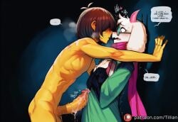 ... 1boy 1other against_wall ai_generated androgynous anthro assertive_female blush bodysuit book brown_hair colored_skin cum english_text erection furry furry_male furry_with_non-furry glasses goat_horns green-framed_eyewear hair_over_eyes heart holding holding_book horns interspecies kabedon kris_(deltarune) large_penis looking_at_another monster_boy nude penis pink_scarf precum pubic_hair ralsei ralsei_with_white_fur robe scarf snout speech_bubble straight sweat tillian uncensored watermark web_address