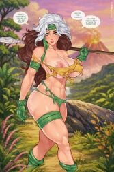 ange1witch anna_marie athletic_female boots brown_hair erect_nipples female female_only fit_female green_eyes headband huge_breasts long_hair looking_at_viewer marvel marvel_comics multicolored_hair nipples practically_nude rogue_(savage_land) rogue_(x-men) speech_bubble thick_thighs torn_clothes voluptuous white_hair x-men