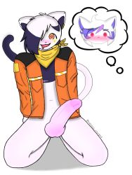 being_watched blue_eyes blush blushing bottomless cat convict_(yonkagor) dipstick_tail fallacy furry gold_eyes helizzz_yourgod_(artist) jacket_open male_focus orange_jacket penis_out pink_penis purple_croptop selfish_(yonkagor) tagme yonkagor