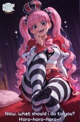 ai_assisted ai_generated barefeet black_eyes breasts caption comic curvy curvy_body curvy_female feet female female_only foot_fetish foot_focus footwear laugh legs legwear long_hair looking_at_viewer medium_breasts moonwool_branch one_piece open_mouth pantyhose perona perona_(one_piece) pink_hair sitting sitting_on_bed striped_legwear stripes talking talking_to_viewer thick_ass thick_thighs thighs toes twintails uncensored
