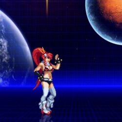 ass bikini_top bovine bracelet butt_attack butt_focus cleavage cow_girl female_focus fighting_stance furry hooved_fingers hooved_plantigrade hooves horns human large_breasts light-skinned_female light_skin long_boots long_ears long_hair m.u.g.e.n not_public_mod oc original_character ponytail ponytail_female pushed shenzel shorts yoko_littner