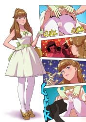1girl 1girls 2boys 2d 2d_(artwork) absurd_res absurdres afro ass ass_visible_through_thighs bag bald_male bangs bare_shoulders blue_eyes bow bow_ribbon breasts brown_hair brunette cameltoe camera casual casual_exposure clit closed_mouth comic comic_page comic_panel confident confident_expression confident_female confident_pose dark-skinned_male dark_skin dress dress_lift dress_up earrings female fully_clothed gloves green_dress green_gloves groin hair_flip hand_on_hip handbag hi_res highres july_(tekuho) legwear lifting_skirt light-skinned_female light_skin long_hair looking_at_viewer male medium_breasts multiple_views no_panties onomatopoeia original paparazzi photoshoot pose posing presenting presenting_pussy public public_exposure purse pussy pussy_visible_through_clothes see-through see-through_clothes see-through_clothing see-through_stockings shaved_crotch shaved_pussy slim_waist spread_pussy spreading_pussy standing stockings straight_hair taking_picture tekuho thighs tied_hair white_legwear white_stockings yellow_shoes
