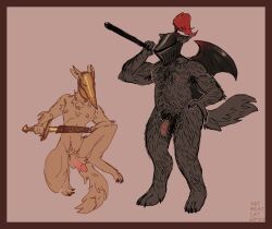 anthro armor axe canid canine canis digitigrade duo genitals headgear headgear_only helmet helmet_only hi_res hotmeatcat69420 humanoid_genitalia humanoid_penis male mammal melee_weapon nipples penis scabbard simple_background sword weapon wolf