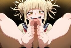 1boy 1boy1girl absurd_res absurdres ai_generated barefoot beige_shirt blonde_female blonde_hair blush boku_no_hero_academia faceless_character faceless_male feet feet_fetish feet_focus female female_focus foot_fetish foot_focus footjob footjob_pov himiko_toga looking_at_viewer my_hero_academia penis penis_between_feet penis_between_toes penis_out pov pov_feet pov_footjob red_ribbon school_uniform seifuku sharp_teeth smile smiling stable_diffusion toga_himiko tongue tongue_out unseen_male unseen_male_face yellow_eyes