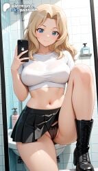 1girls 2026 ai_assisted ai_generated anime artist_name bathroom bathtub blonde_hair blue_eyes breasts brick_floor brick_wall bust ceiling cellphone explicit girls_und_panzer hexagon hi_res high_quality high_resolution highres honeycomb_background kay_(girls_und_panzer) long_hair panties patreon patreon_username phone restroom shower_(place) silk skirt skypassion stable_diffusion tile_floor tile_wall tiles toilet underwear watermark