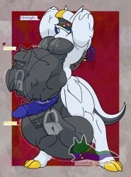 absurd_res anthro arceus arceus_tummy balls big_balls big_penis blush cock_vore drone endosoma erection generation_4_pokemon genitals group hi_res hose latex legendary_pokemon living_latex male muscular muscular_male mythical_pokemon nintendo nude onomatopoeia penile penis pokedrone pokemon pokemon_(species) red_eyes safe_vore simple_background soft_vore sound_effects tail text trio vore white_body willing_prey