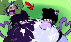1boy 2023 2d 2d_(artwork) 2d_artwork 2girls 2girls1boy arm_warmers bedroom_eyes big_breasts bigger_female black_hair black_hat black_pants blue_body blush boob_window breast_focus breasts_bigger_than_head caitlyn_(gremlingrounded) cat_ears cat_girl cat_humanoid cat_tail catgirl cleavage clothed clothing collaborative_paizuri cum cum_between_breasts cum_on_breasts dominant_female engulfing_paizuri feline femdom fox fox_boy fox_ears fox_humanoid fox_tail grem_(gremlingrounded) gremlingrounded grey_shirt handsfree_paizuri hat heart hearts_around_head jeans long_hair looking_at_partner onomatopoeia original paizuri paizuri_over_clothes pants pressing_breasts_together purple_body purple_eyes purple_sweater sequence shocked short_hair smaller_male sweat sweatdrop sweater t-shirt text titjob trio