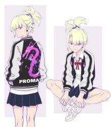 1boy androgynous bite_mark bite_marks crossdressing femboy femboy_only jacket lio_fotia miniskirt petite petite_body petite_male ponytail promare questionable short_skirt skirt slim slim_male slim_waist solo suggestive twink