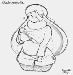 melony_(pokemon) pokemon tsukiji tsukijitums pregnant pregnant_female pregnant_belly black_and_white navel bra big_breasts lifting_shirt hat long_hair blinking happy wide_hips