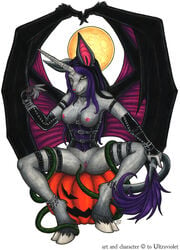 00s 1girls 2000s 2003 anthro artist_logo artist_name bat black_hair breasts chiropteran corset dragon equine female female_only goth halloween hooves horn hybrid jack-o'-lantern leather long_hair moon nipples nude piercing purple_hair pussy pvc scalie solo tail tail_tuft ukimori ultraviolet_(artist) ultraviolet_(character) unicorn_horn vagina wings