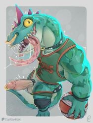 3:4 accessory anthro ball basketball_(ball) bodily_fluids bottomwear bottomwear_down capitankoki clothed clothing cock_ring collar erection facial_piercing gay gay_male genital_piercing genitals goat_(movie) green_body green_scales hi_res homosexual homosexual_male jewelry komodo_dragon lizard male male/male male_only male_penetrating modo_olachenko monitor_lizard nose_piercing nose_ring partially_clothed penis penis_accessory penis_jewelry penis_piercing piercing reptile ring_piercing saliva saliva_on_tongue saliva_string scales scalie shorts shorts_down solo tongue tongue_out vein veiny_penis