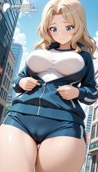 1girls 2026 ai_assisted ai_generated anime artist_name blonde_hair blue_eyes blue_sky building city cityscape cloud explicit girls_und_panzer hi_res high_quality high_resolution highres jacket kay_(girls_und_panzer) patreon patreon_username sky skypassion solo stable_diffusion watermark