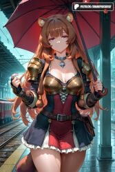 1girls 2025 ai_assisted ai_generated animal_ears anime armor artist_name belt breastplate breasts brown_hair collar collarbone dress gloves hi_res high_quality high_resolution highres holding holding_umbrella long_hair looking_at_viewer medium_breasts outdoors patreon patreon_username raccoon_ears raccoon_girl raccoon_tail railroad_tracks rain raphtalia red_umbrella solo stable_diffusion tail train_station watermark