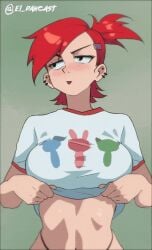 1girls animated big_breasts blush bouncing_breasts breasts breasts_out el_dancast female female_only foster's_home_for_imaginary_friends frankie_foster large_breasts looking_away nipples ponytail red_hair shirt shirt_lift shorter_than_10_seconds upper_body