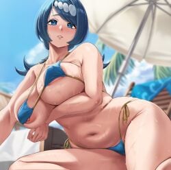 1girls areola_slip bare_shoulders beach bikini blue_bikini blue_hair blurry_background blush breasts cloud coconut_tree collarbone covered_nipples hair_ornament hi_res lana's_mother_(pokemon) large_breasts long_hair looking_at_viewer lounge_chair mature_female micro_bikini moisture_(chichi) navel nipple_slip nipples parted_lips plant pokemon pokemon_sm pokemon_sm_(anime) puffy_nipples side-tie_bikini sitting sky solo solo_female stomach swimsuit teeth tree umbrella underwear wet