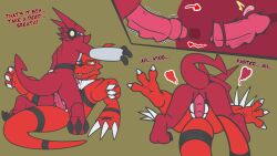 16:9 anal anal_sex bandai_namco blue_eyes bodily_fluids claws digimon digimon_(species) dragon duo erection feral ferzdracroc genital_fluids genitals guilmon hi_res internal male male/male male_penetrated male_penetrating mythological_creature mythological_scalie mythology penetration penis red_body reptile scalie sex shoutmon shoutmon_(king_ver.) slit_penis tail text tongue widescreen