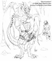 1990s 1998 20th_century bondage dinosaur dragon fellatio forced_oral furry furry_only gay h_cruz kaa_(artist) kaa_starhunter licking lizard male monochrome no_humans oral oral_sex raptor scalie sex size_difference tongue