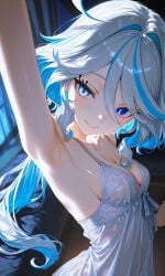 1girls ai_generated armpit_focus armpits arms_up blue_eyes blue_hair curvy female female_only furina_(genshin_impact) genshin_impact hoyoverse lingerie mihoyo nightgown on_bed smile solo