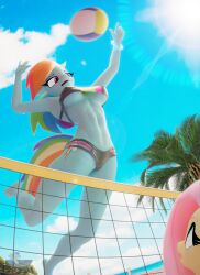3d_(artwork) absurd_res anthro ball barefoot beach beach_ball blender_(artwork) digital_media_(artwork) duo equid equine feet female female/female fluttershy_(mlp) friendship_is_magic hasbro hi_res hooves-art horse inflatable mammal my_little_pony pony rainbow_dash_(mlp) sun volleyball