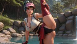 ai_generated black_hair black_panties breasts brown_eyes cameltoe cleavage female fingerless_gloves flexible forest gloves green_hair japanese_clothes kimono kiriko_(overwatch) large_breasts le_sserafim leg_lift leg_up meitabuu nature ninja outdoors overwatch overwatch_2 panties red_gloves red_thighhighs rock solo split standing standing_on_one_leg standing_split thighhighs thighs tree underwear water white_kimono