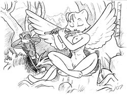 2007 anthro feline female flute forest fur furry gothicskunk male monochrome nude skunk taral_wayne tree wings