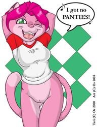 anthro bottomless cute feline female fur furry joshua_frinkle one_closed_eye pink solo speech_balloon teri wink