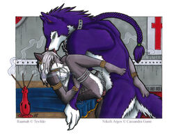 2boys anal anal_sex animal_penis anthro artist_name body_fur braided_hair canine church collar erection fluffy_tail furry gay gay_sex grey_fur incense licking long_hair_male male male/male male_only male_penetrating_male nikoli nikolo_argos nude_male penis penis_in_anus piercing purple_fur shackles slave smoke smooth_penis tongue ultraviolet_(artist) white_countershading wolf