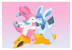 abstract_background anonymous_artist blush blush_lines border cel_shading clothing collar cowgirl_position dotted_background eeveelution eeveelution_squad facesitting female feral footwear from_front_position generation_1_pokemon generation_4_pokemon generation_6_pokemon genitals glaceon group group_sex hi_res jolteon kiss_on_lips kissing lazuli_(eeveelution_squad) male nintendo on_bottom on_top pattern_background penis pokemon pokemon_(species) scarf semi-anthro sex shaded silvia_(eeveelution_squad) simple_background sitting_on_another socks speed_(eeveelution_squad) sylveon threesome trans_(lore) trans_woman_(lore) vaginal_penetration white_border