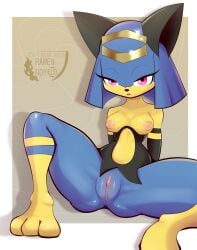 breasts_out cat exposed_pussy furry furry_female inviting_to_sex palworld pussy_lips ramenboy17 sekhmet_(pal) showing_pussy spread_legs thick_thighs vagina yellow_fur