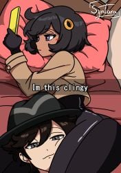 :3 ass big_ass big_breasts black_bodysuit black_hair bodysuit bodysuit_under_clothes breasts brown_jacket dark-skinned_female dark_skin emma_(pokemon) emma_(pokemon_legends:_z-a) female game_freak hair_ornament head_between_thighs iamsyntara im_this_clingy_(meme) jacket looking_at_viewer matiere_(pokemon) matiere_(pokemon_legends:_z-a) nintendo pokemon pokemon_legends:_z-a selfie_pose short_hair simple_background simple_coloring simple_shading syntara tomboyish