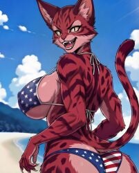 1female 1girls ai_generated alternate_version_available alternative_version american_flag_bikini american_flag_bikini_bottom american_flag_bikini_top american_flag_print anime anime_style beach beautiful beautiful_female bikini cat_ears cat_girl cat_humanoid claws claws_in_vagina fangs feline female female_focus female_only fur furry furry_ears furry_female furry_only furry_tail hi_res high_res high_resolution hires looking_at_viewer nails original original_character outdoors outside sharp_nails sharp_teeth short_hair solo solo_female swimsuit tagme teeth two_piece_swimsuit