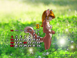 1girls 2006 2007 4:3 anthro anthro_only blue_eyes breasts calendar_(medium) day daytime dr_comet female green hair high_ponytail march micro nature nude_female outdoors ponytail rodent small_breasts solo spring squirrel squirrel_girl standing tied_hair wallpaper web_address