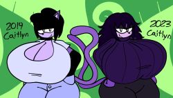 2023 2d 2d_(artwork) 2d_artwork 2girls arm_warmers big_breasts black_hair black_hat black_pants boob_window breasts_bigger_than_head caitlyn_(gremlingrounded) cat_ears cat_girl cat_humanoid cat_tail catgirl cleavage clothed clothing comparison feline female_focus female_only gremlingrounded grey_shirt half-closed_eyes hands_on_hips hat jeans long_hair original pants purple_body purple_sweater short_hair smile smiling_at_viewer sweater t-shirt text thick_thighs