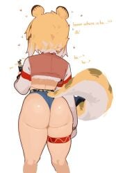 1girls absurd_res ass blonde_hair cropped_jacket english_text facing_away from_behind heart highres hoyoverse ju_fufu large_ass looking_at_phone naxius_noxy petite phone short_hair shorts simple_background smartphone tail thick_thighs thigh_strap thighs tiger_ears tiger_girl tiger_tail white_background zenless_zone_zero