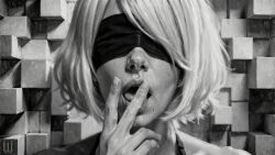 ai_assisted ai_generated black_and_white blindfold blindfolded cum_on_fingers female highres licking_cum licking_fingers nier nier:_automata nier_(series) patreon short_hair tripleize wallpaper watermark white_hair yorha_2b