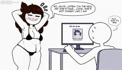 1boy 1other =_= armpits arms_behind_head arms_up artist_name artist_self-insert belly bikini black_bikini blush breasts brown_hair chair closed_eyes clothing colored_skin computer english_text faceless fat female freckles jaiden jaiden_(jaiden_animations) jaiden_animations jaidenanimations keyboard_(computer) long_hair medium_breasts medium_hair monitor navel navel_piercing no_nose notice_lines plump sexually_suggestive sexy sexy_pose shortstack simple_background sitting smile speech_bubble steca sweat sweatdrop swimsuit thelazyart thick thick_arms thick_legs thick_thighs thighs thought_bubble web_address white_background white_skin youtube youtuber youtuber_character youtuber_girl youtubers