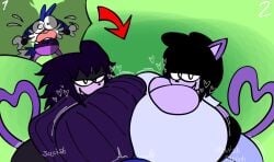 1boy 2023 2d 2d_(artwork) 2d_artwork 2girls 2girls1boy arm_warmers bedroom_eyes big_breasts bigger_female black_hair black_hat black_pants blue_body blush boob_window breast_focus breasts_bigger_than_head caitlyn_(gremlingrounded) cat_ears cat_girl cat_humanoid cat_tail catgirl cleavage clothed clothing collaborative_paizuri dominant_female engulfing_paizuri feline femdom fox fox_boy fox_ears fox_humanoid fox_tail grem_(gremlingrounded) gremlingrounded grey_shirt handsfree_paizuri hat heart hearts_around_head jeans long_hair looking_at_partner onomatopoeia original paizuri paizuri_over_clothes pants pressing_breasts_together purple_body purple_sweater sequence shocked short_hair smaller_male sweat sweatdrop sweater t-shirt text titjob trio