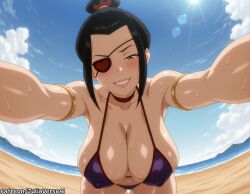 ai_generated armlet avatar_legends avatar_the_last_airbender azula beach bikini black_hair blue_sky blush breasts brown_eyes cleavage cloud covered_nipples day eyepatch female hair_bun hanging_breasts large_breasts looking_at_viewer meitabuu nickelodeon nicktoons ocean outdoors sky smile solo sun sweat swimsuit wet