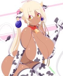 bikini blush closed_mouth cow_print cow_print_bikini curvy elbow_gloves gigantic_breasts hololive hyper hyper_breasts hyper_hips licking_lips long_gloves milk_bottle smile thick_hips thick_thighs thighhighs tsukumo_sana virtual_youtuber voluptuous wide_hips